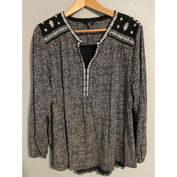 Lucky Brand Blouse Womens 3X Black White Embroidered Boho Peasant Tunic V Neck - Picture 1 of 8
